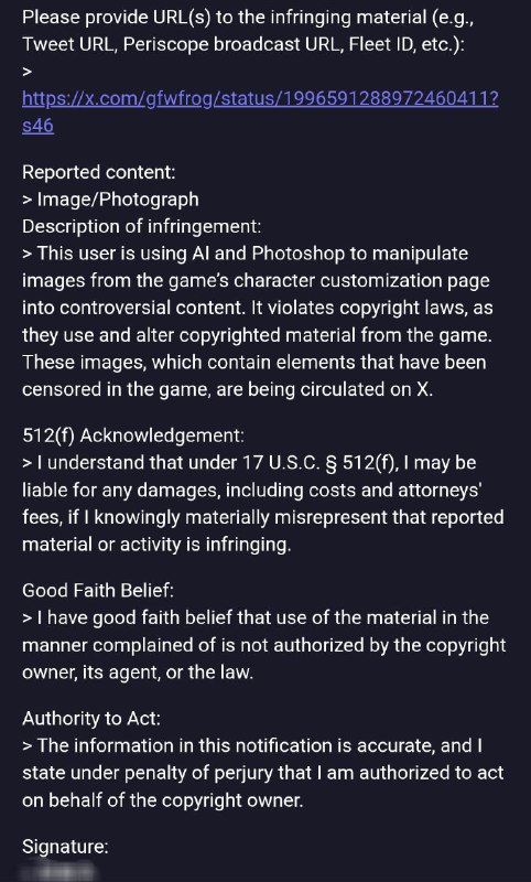 我此前转载的reddit上的 #燕云十六声 捏人界面推文，被网易社区经理亲自向X以“侵犯版权”为由举报移除，​他在举报理由里强调